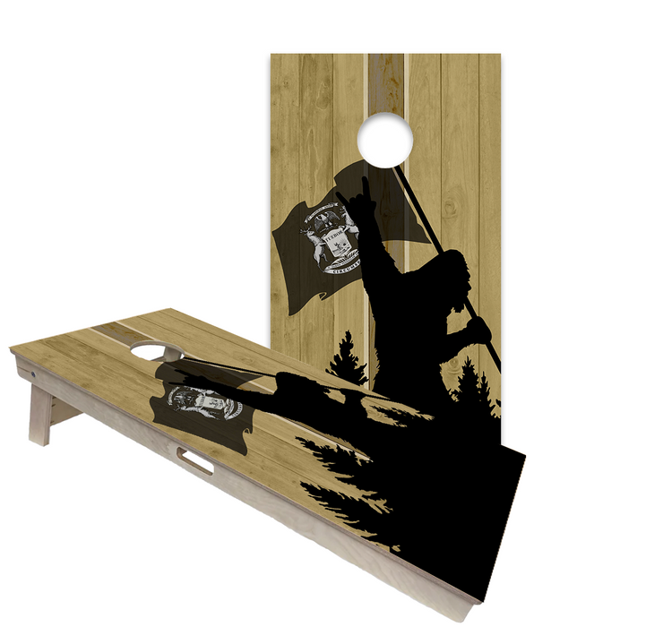 World Series of Cornhole Official 2' x 4' Professional Cornhole Board Runway 2402P - Sasquatch Holding a Michigan Flag