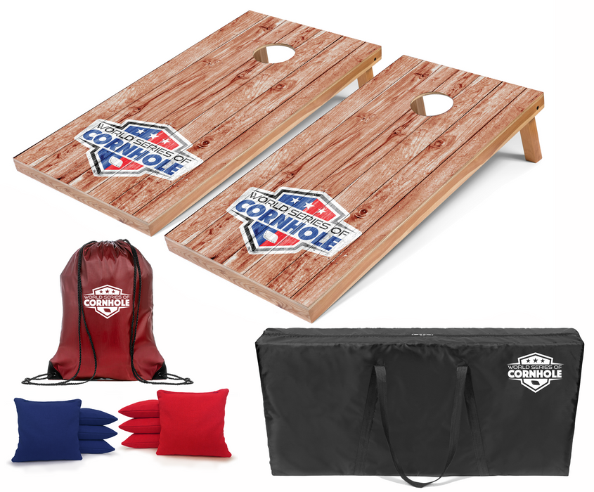 World Series of Cornhole Lightweight Cornhole Set - WSOC Weathered Woodgrain Boards with Red and Blue Bags
