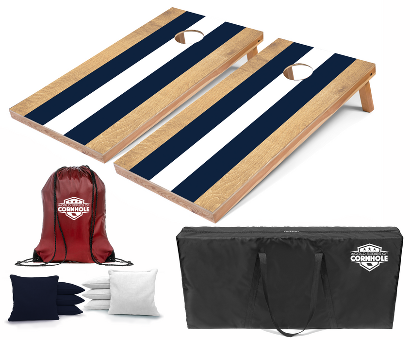 World Series of Cornhole Lightweight Cornhole Set - Navy and White Stripes Boards with Navy and White Bags