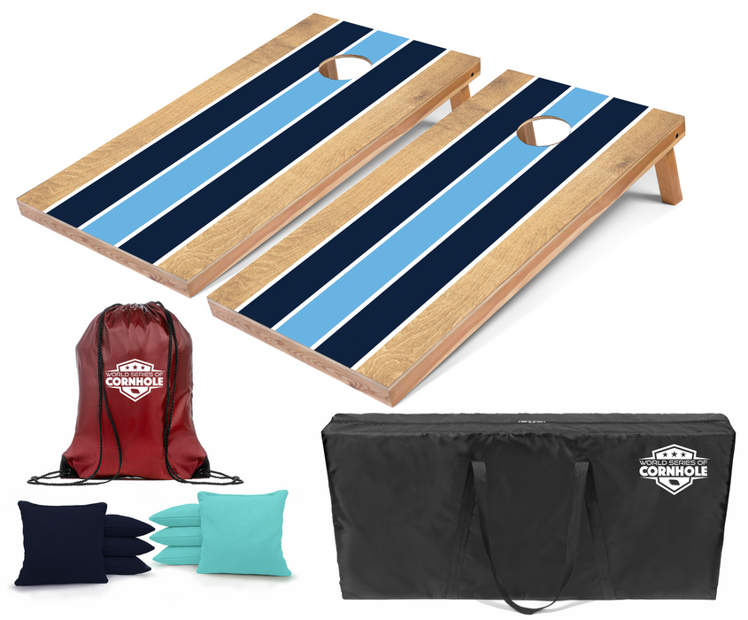 World Series of Cornhole Lightweight Cornhole Set - Navy and Baby Blue Stripes Boards with Navy and Turquoise Bags