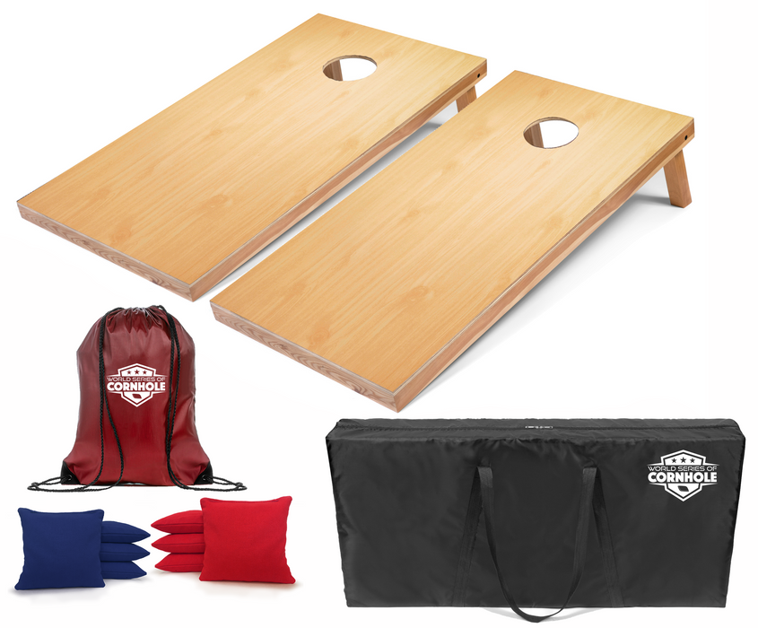 World Series of Cornhole Recreational Cornhole Set - Light Woodgrain Boards with Red and Blue Bags