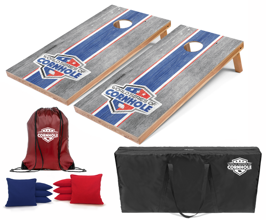 World Series of Cornhole Recreational Cornhole Set - WSOC Gray and Blue Stripes Boards with Red and Blue Bags