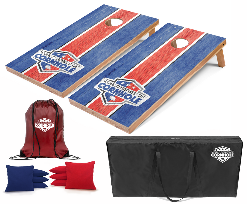 World Series of Cornhole Recreational Cornhole Set - WSOC Blue and Red Stripes Boards with Red and Blue Bags