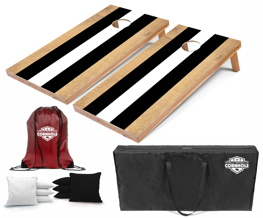 World Series of Cornhole Recreational Cornhole Set - Black and White Stripes Boards with Black and White Bags