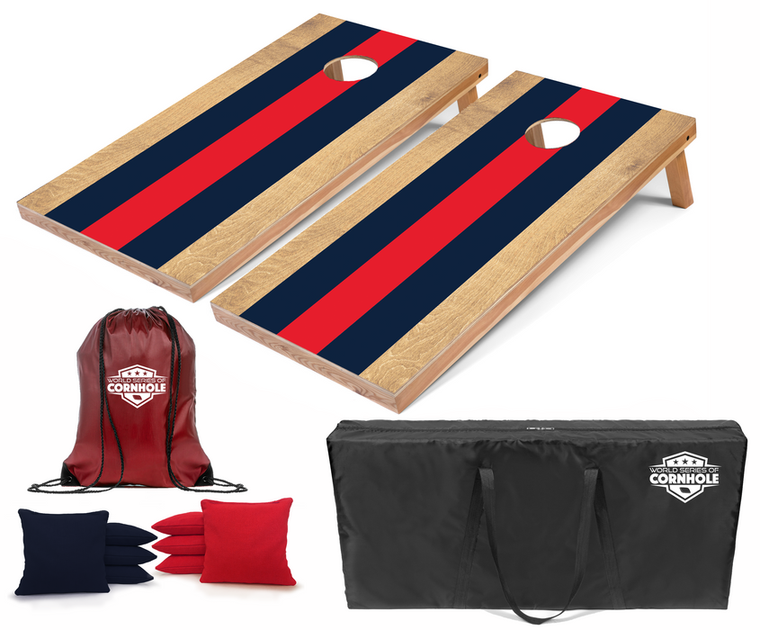 World Series of Cornhole Recreational Cornhole Set - Blue and Red Stripes Boards with Navy and Red Bags