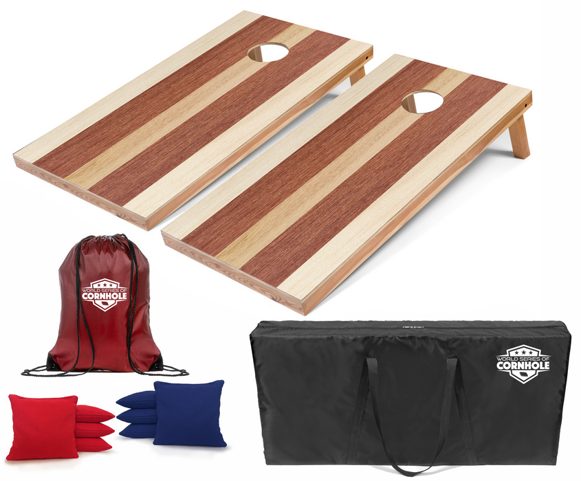 World Series of Cornhole Recreational Cornhole Set - Alternating Light and Dark Wood Tones Boards with Red and Royal Blue Bags
