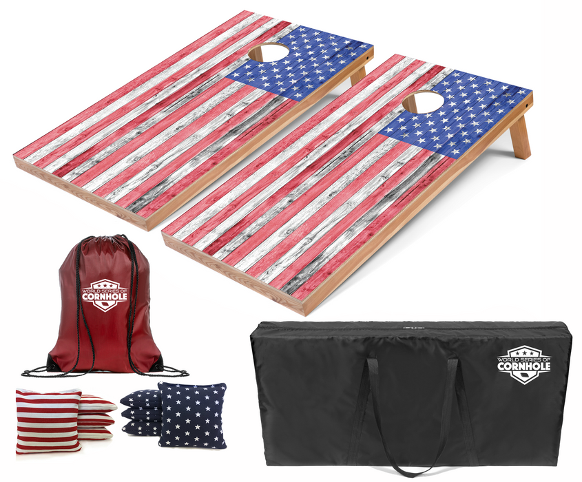 World Series of Cornhole Recreational Cornhole Set - Light American Flag Boards with Patriotic Bags