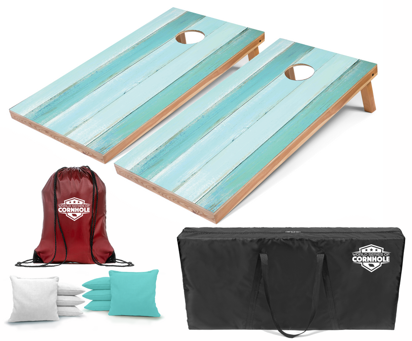 World Series of Cornhole Recreational Cornhole Set - Coastal Wood Plank Boards with White and Turquoise Bags