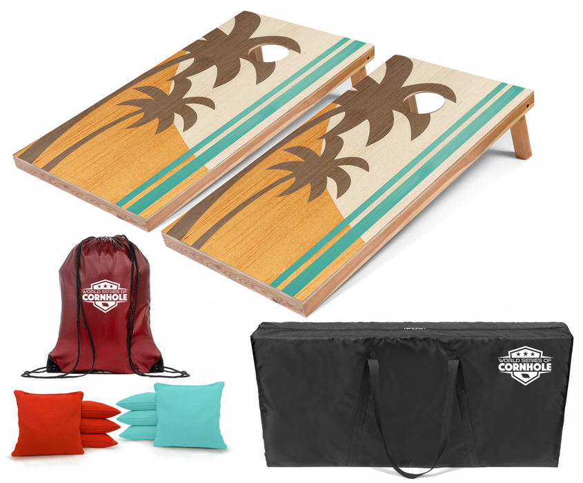 World Series of Cornhole Recreational Cornhole Set - Palm Trees Boards with Red and Teal Bags