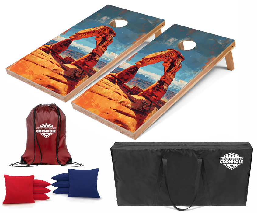 World Series of Cornhole Recreational Cornhole Set - Arches National Park Daytime Boards with Red and Royal Blue Bags