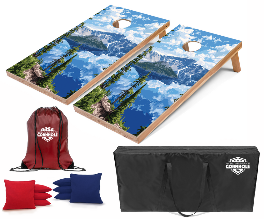 World Series of Cornhole Recreational Cornhole Set - Crater Lake National Park Daytime Boards with Red and Royal Blue Bags
