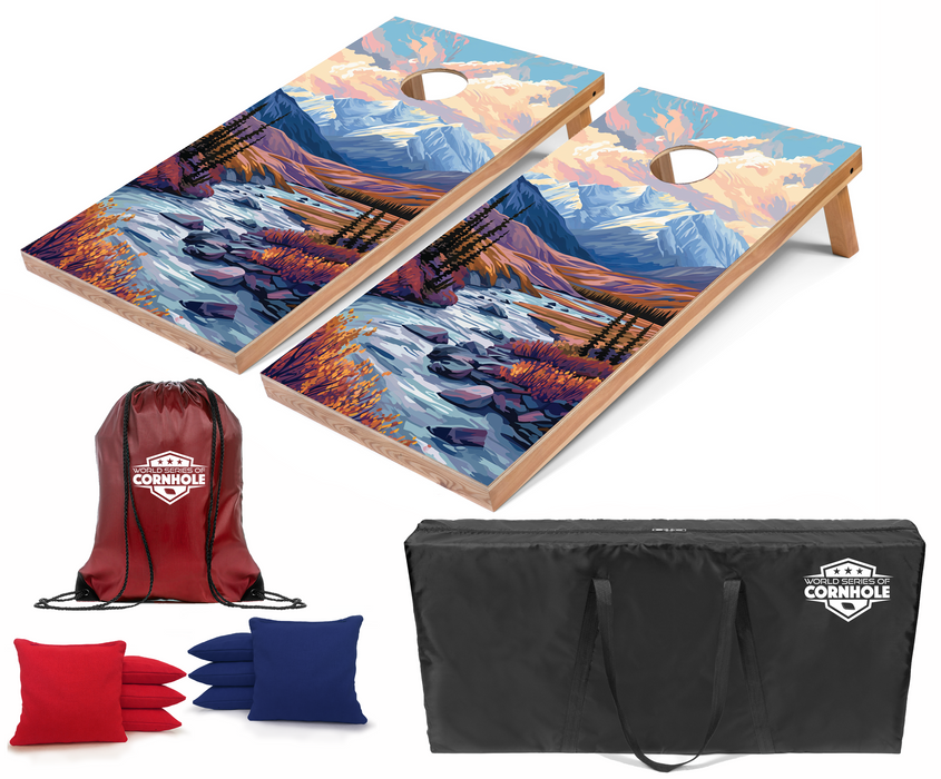 World Series of Cornhole Recreational Cornhole Set - Denali National Park Daytime Boards with Red and Royal Blue Bags
