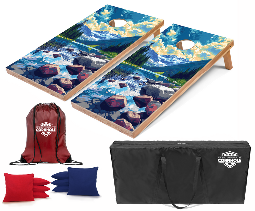 World Series of Cornhole Recreational Cornhole Set - Glacier National Park Daytime Boards with Red and Royal Blue Bags