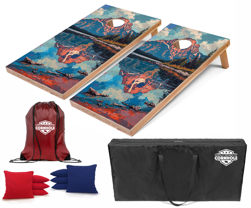 World Series of Cornhole Recreational Cornhole Set - Grand Teton National Park Daytime Boards with Red and Royal Blue Bags