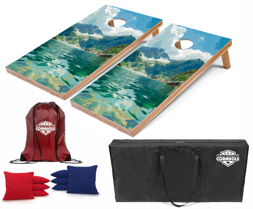 World Series of Cornhole Recreational Cornhole Set - Kenai Fjords National Park Daytime Boards with Red and Royal Blue Bags