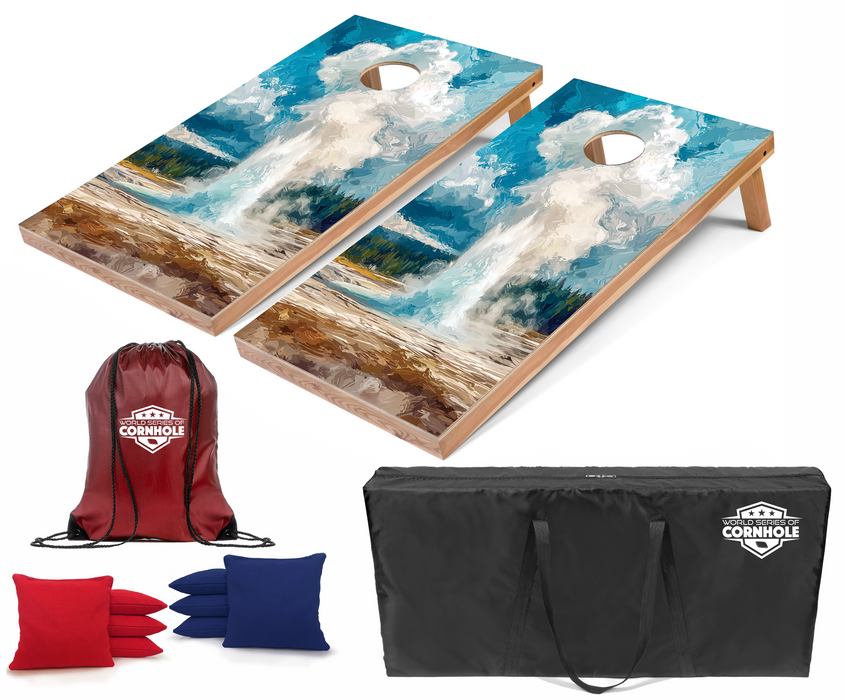 World Series of Cornhole Recreational Cornhole Set - Yellowstone Old Faithful National Park Daytime Boards with Red and Royal Blue Bags