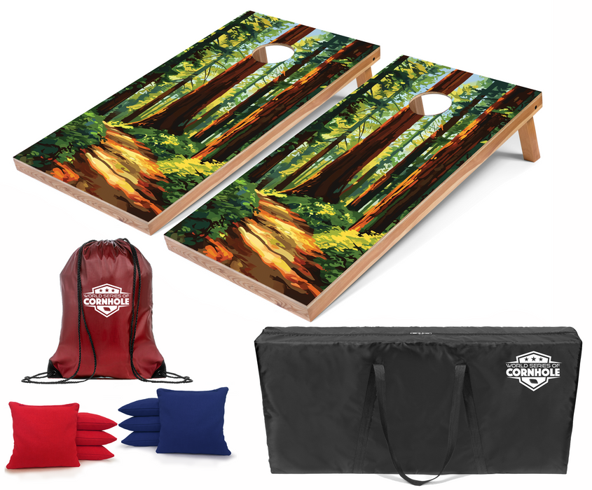 World Series of Cornhole Recreational Cornhole Set - Redwood National Park Daytime Boards with Red and Royal Blue Bags