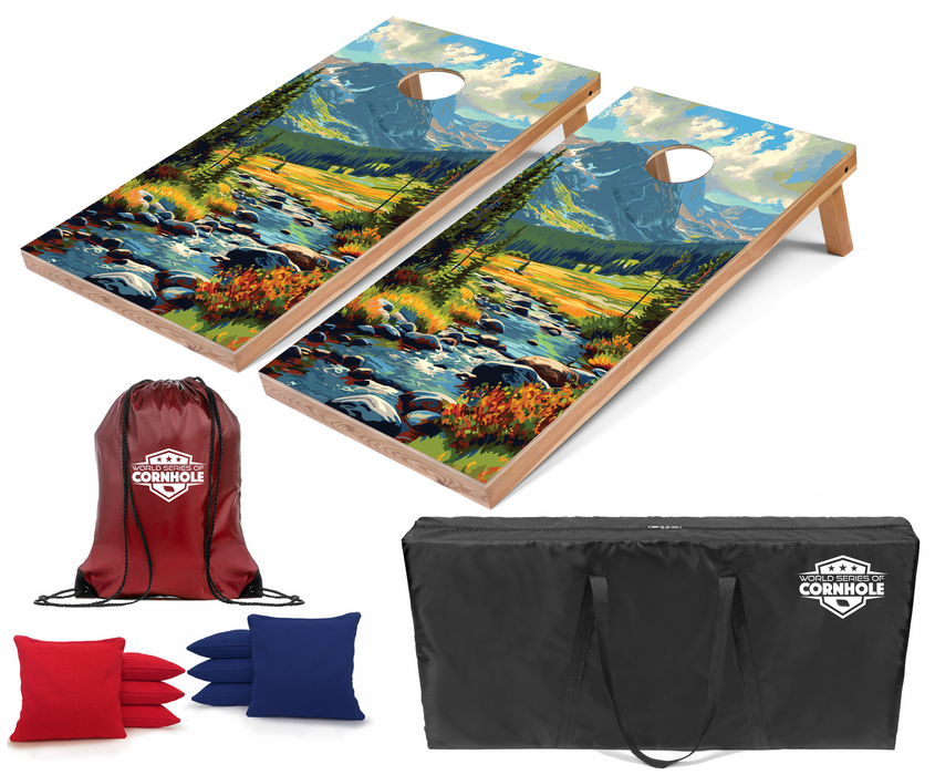 World Series of Cornhole Recreational Cornhole Set - Rocky Mountain National Park Daytime Boards with Red and Royal Blue Bags