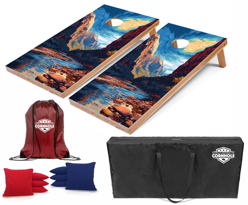 World Series of Cornhole Recreational Cornhole Set - Zion National Park Daytime Boards with Red and Royal Blue Bags