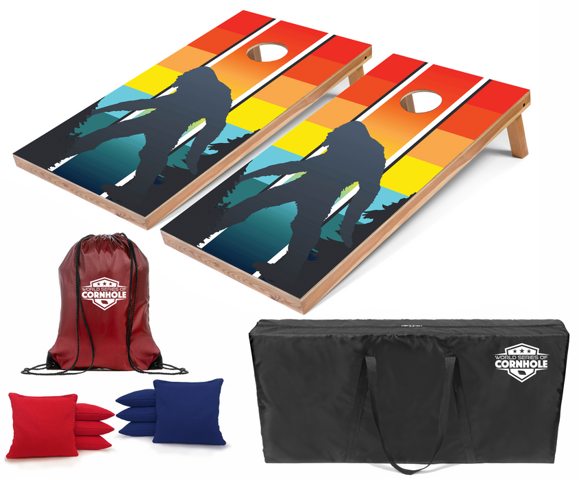 World Series of Cornhole RecreationalCornhole Set - Retro Sasquatch Boards with Red and Royal Blue Bags