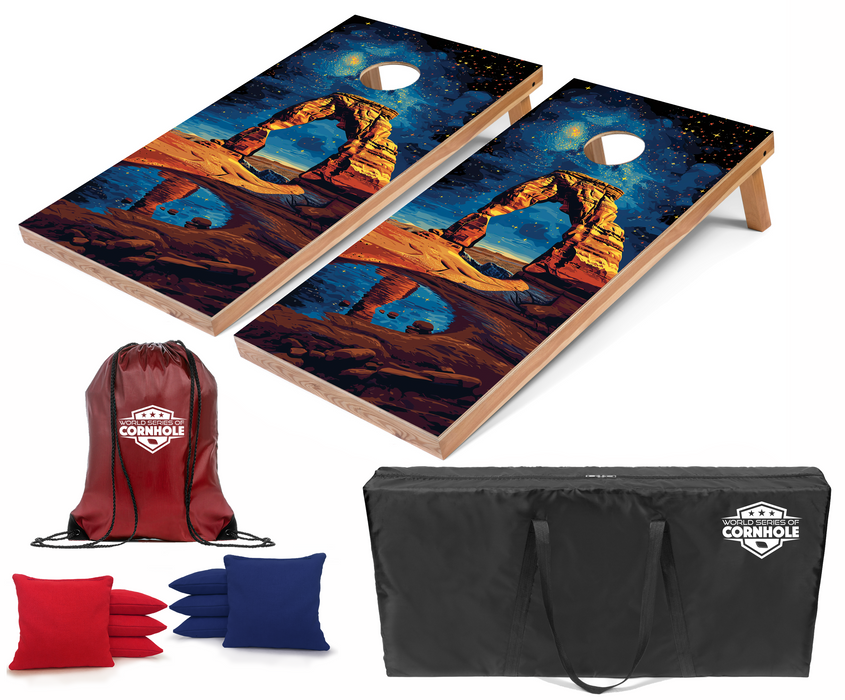World Series of Cornhole Recreational Cornhole Set - Arches National Park Nighttime Boards with Red and Royal Blue Bags