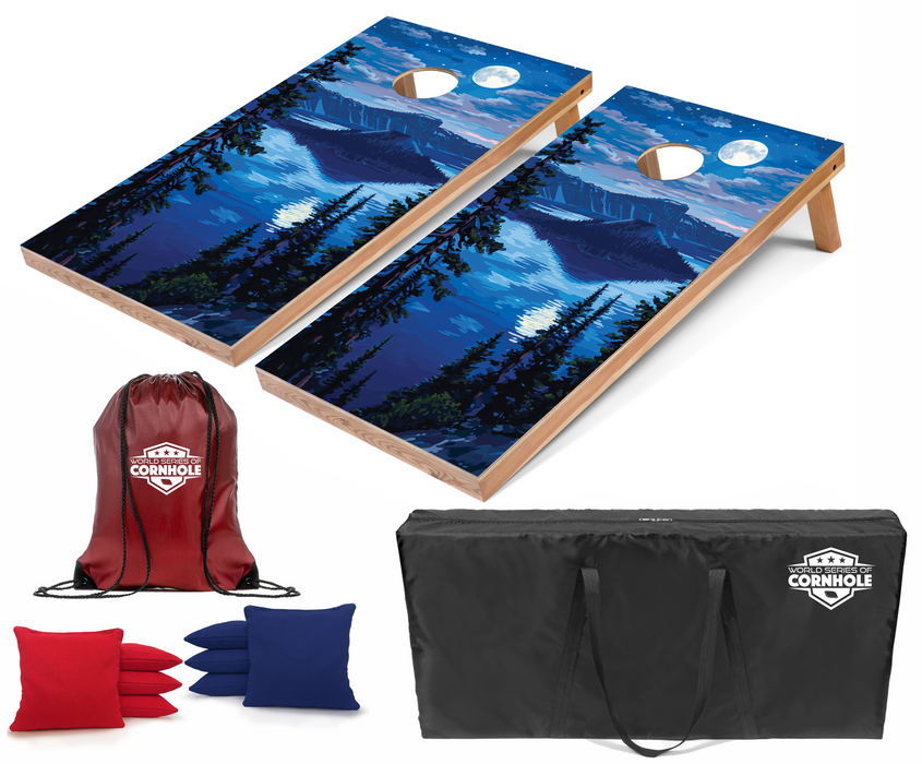 World Series of Cornhole Recreational Cornhole Set - Crater Lake National Park Nighttime Boards with Red and Royal Blue Bags