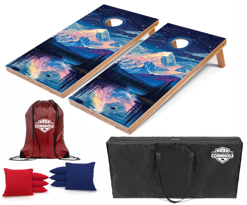 World Series of Cornhole Recreational Cornhole Set - Denali National Park Nighttime Boards with Red and Royal Blue Bags