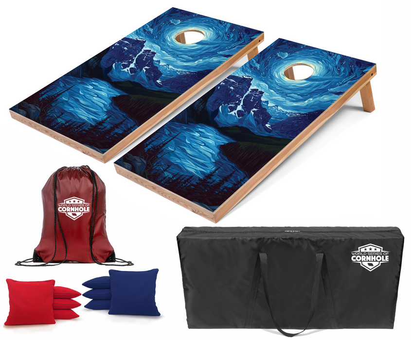 World Series of Cornhole Recreational Cornhole Set - Glacier National Park Nighttime Boards with Red and Royal Blue Bags