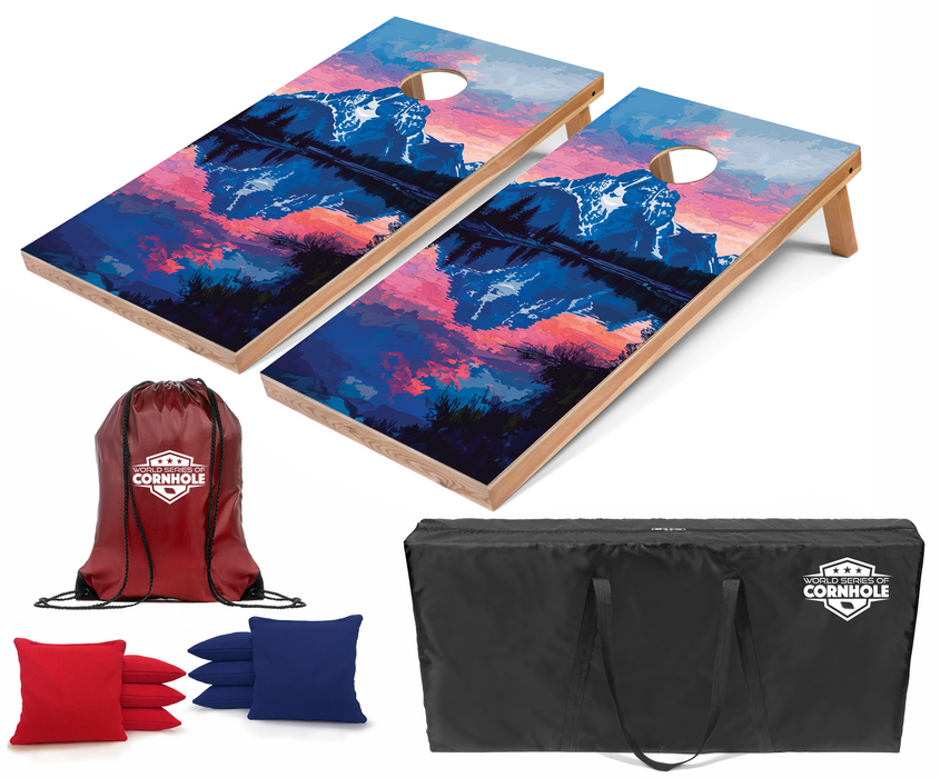 World Series of Cornhole Recreational Cornhole Set - Grand Teton National Park Nighttime Boards with Red and Royal Blue Bags