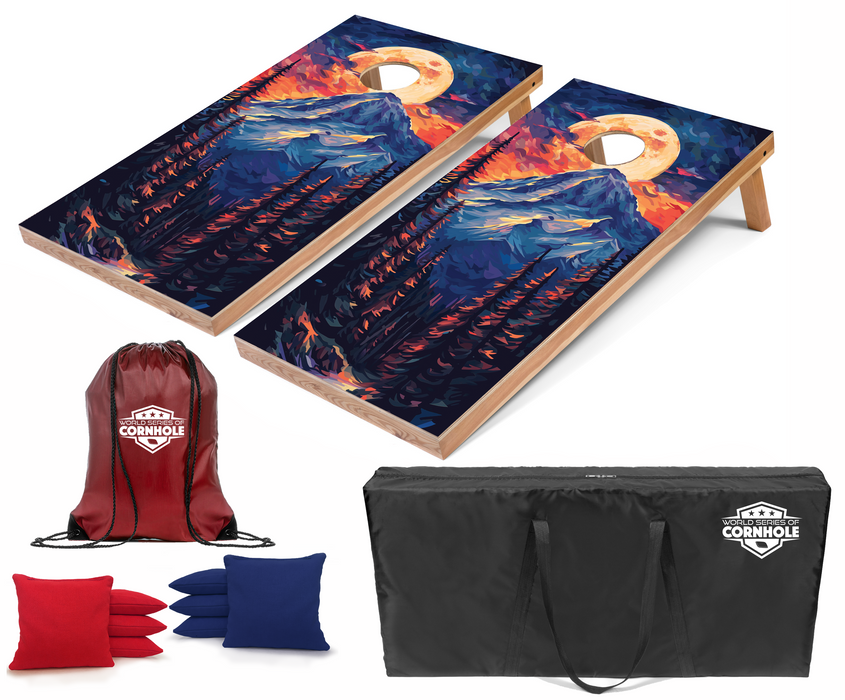 World Series of Cornhole Recreational Cornhole Set - Mt. Olympus National Park Nighttime Boards with Red and Royal Blue Bags