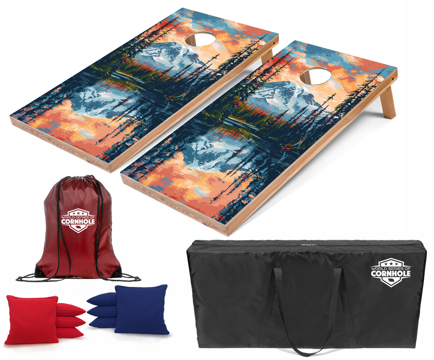 World Series of Cornhole Recreational Cornhole Set - Mt. Rainier National Park Nighttime Boards with Red and Royal Blue Bags