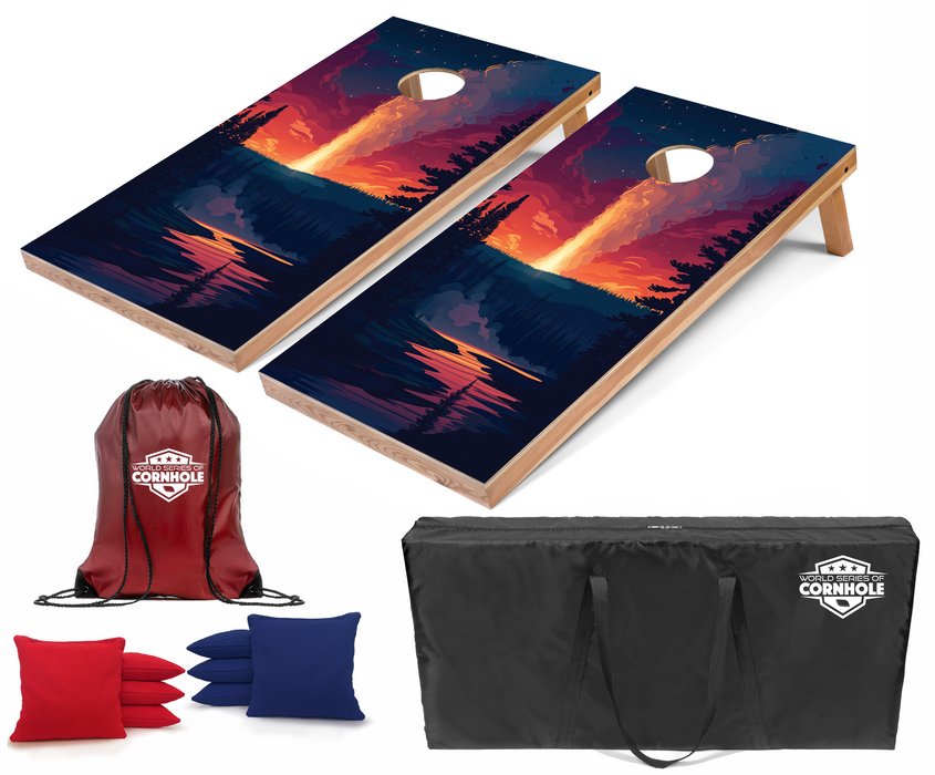 World Series of Cornhole Recreational Cornhole Set - Yellowstone Old Faithful National Park Nighttime Boards with Red and Royal Blue Bags
