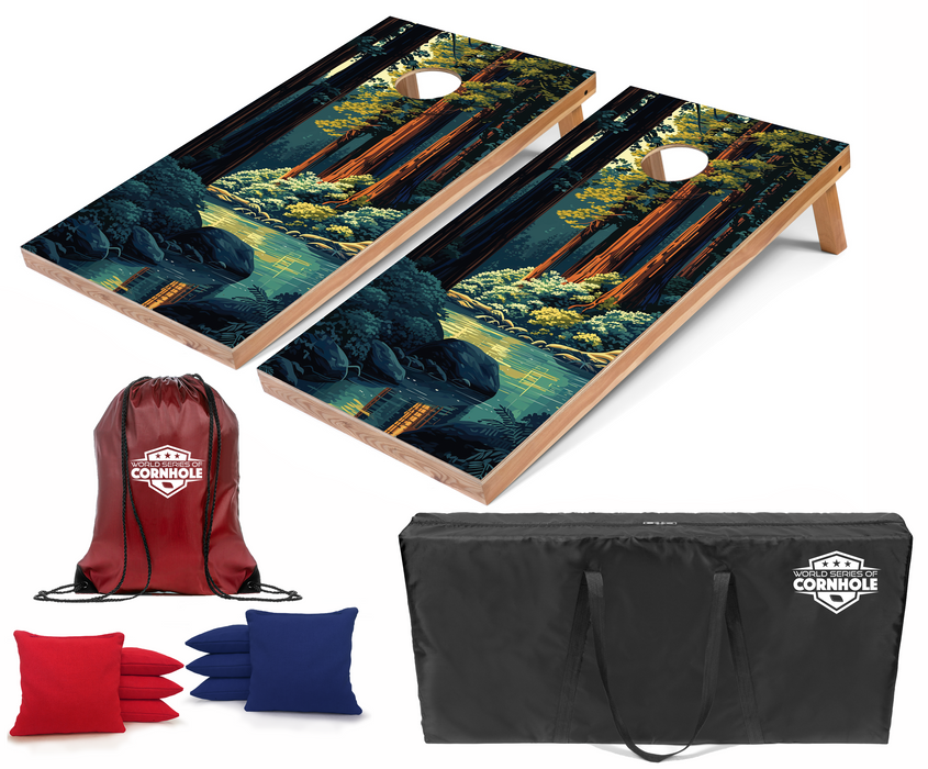World Series of Cornhole Recreational Cornhole Set - Redwood National Park Nightime Boards with Red and Royal Blue Bags