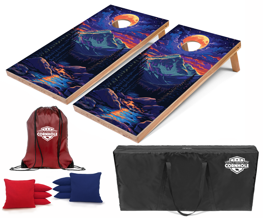 World Series of Cornhole Recreational Cornhole Set - Rocky Mountain National Park Nighttime Boards with Red and Royal Blue Bags