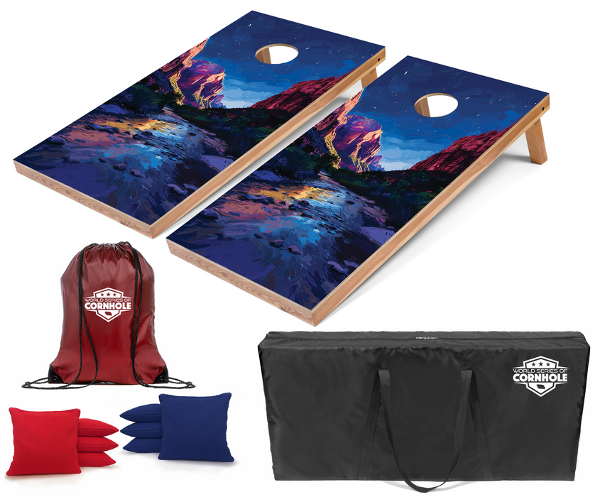 World Series of Cornhole Recreational Cornhole Set - Zion National Park Nighttime Boards with Red and Royal Blue Bags