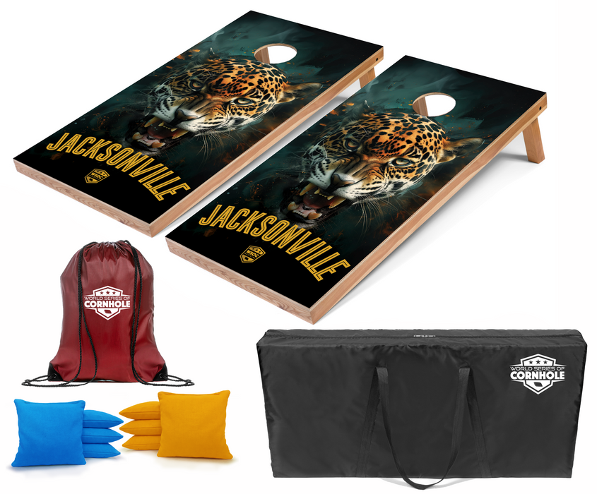 World Series of Cornhole Recreational Cornhole Set - Jacksonville Jaguars Boards with Turquoise and Yellow Bags