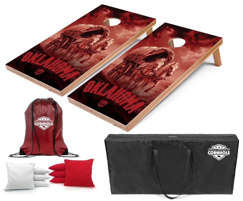 World Series of Cornhole Recreational Cornhole Set - Oklahoma Sooners Boards with Red and White Bags