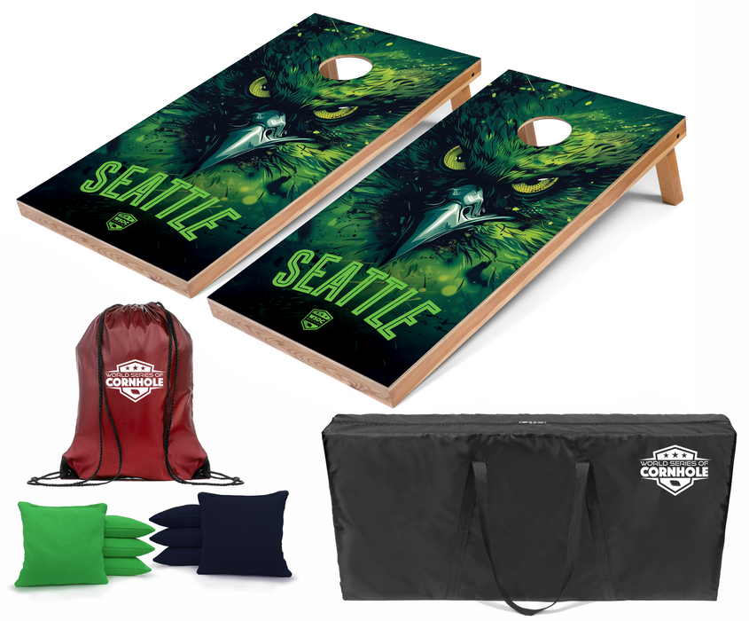 World Series of Cornhole Recreational Cornhole Set - Seattle Seahawks Boards with Kelly Green and Navy Blue Bags
