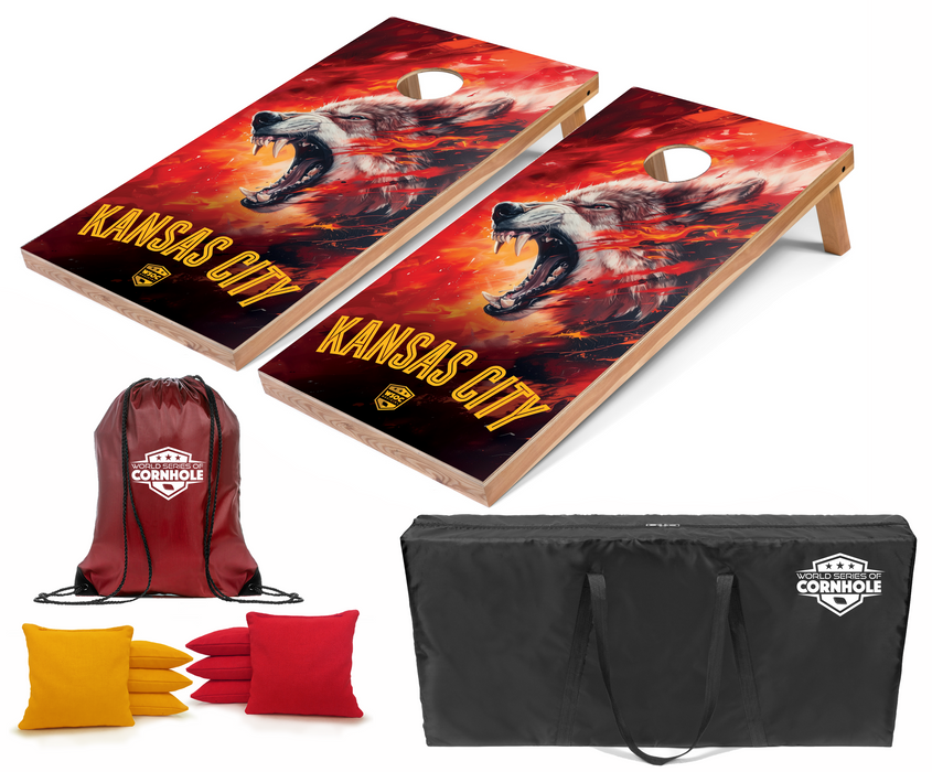 World Series of Cornhole Recreational Cornhole Set - Kansas City Chiefs Boards with Yellow and Red Bags