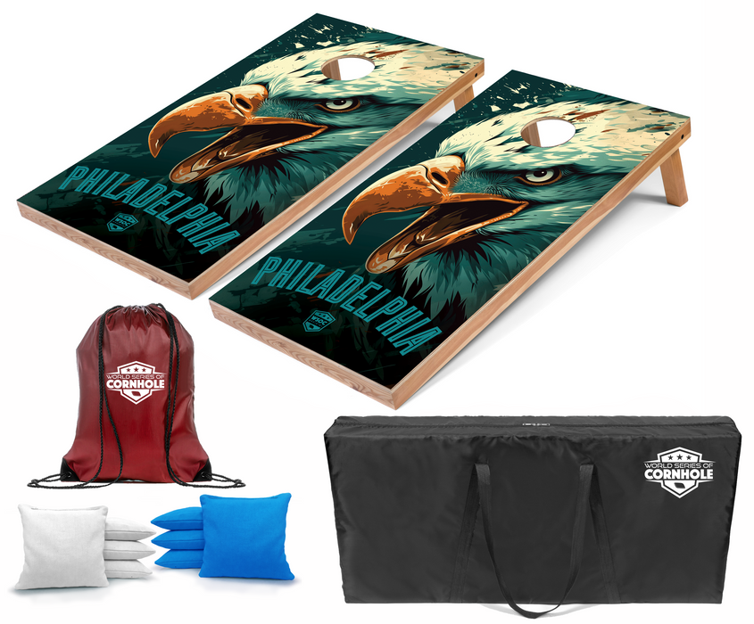World Series of Cornhole Recreational Cornhole Set - Philadelphia Eagles Boards with Turquoise and White Bags