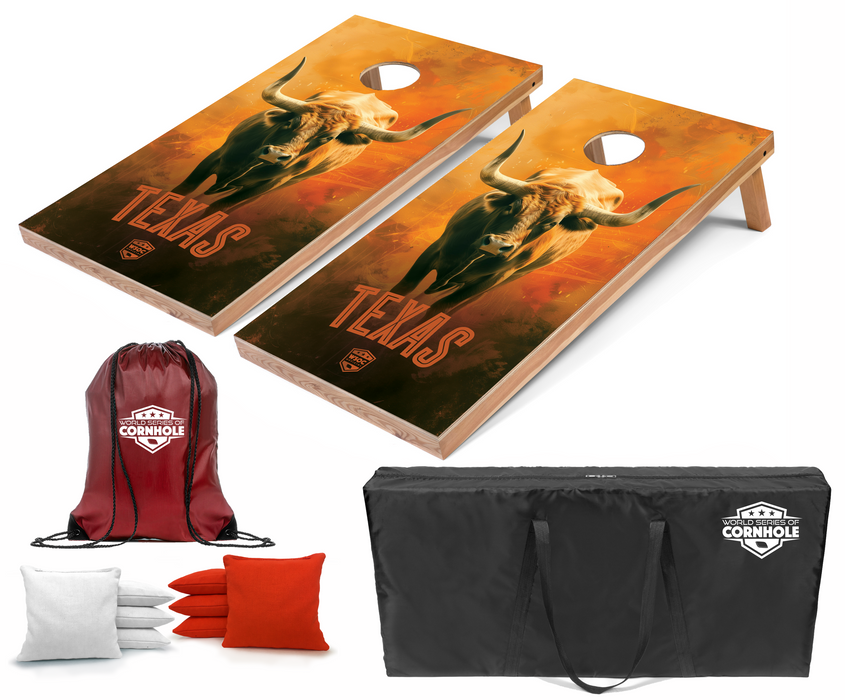 World Series of Cornhole Recreational Cornhole Set - Texas Longhorns Boards with Orange and White Bags