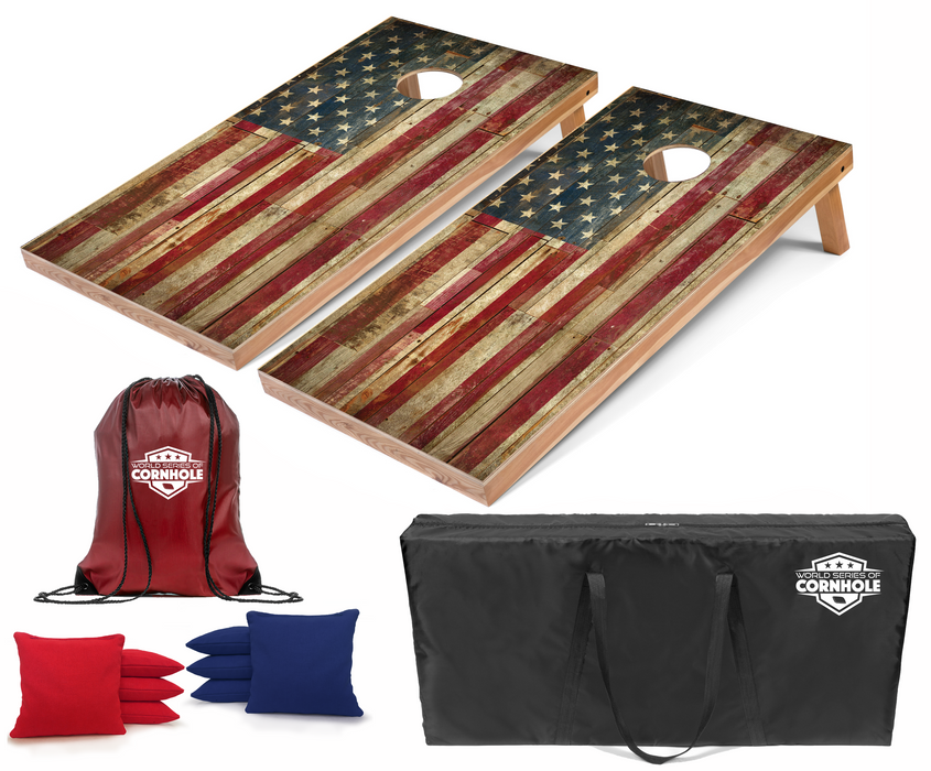 World Series of Cornhole Recreational Cornhole Set - Rustic Left-Facing American Flag Boards with Red and Blue Bags