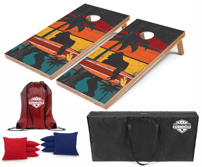 World Series of Cornhole Recreational Cornhole Set - Surfing Sasquatch Boards with Red and Royal Blue Bags