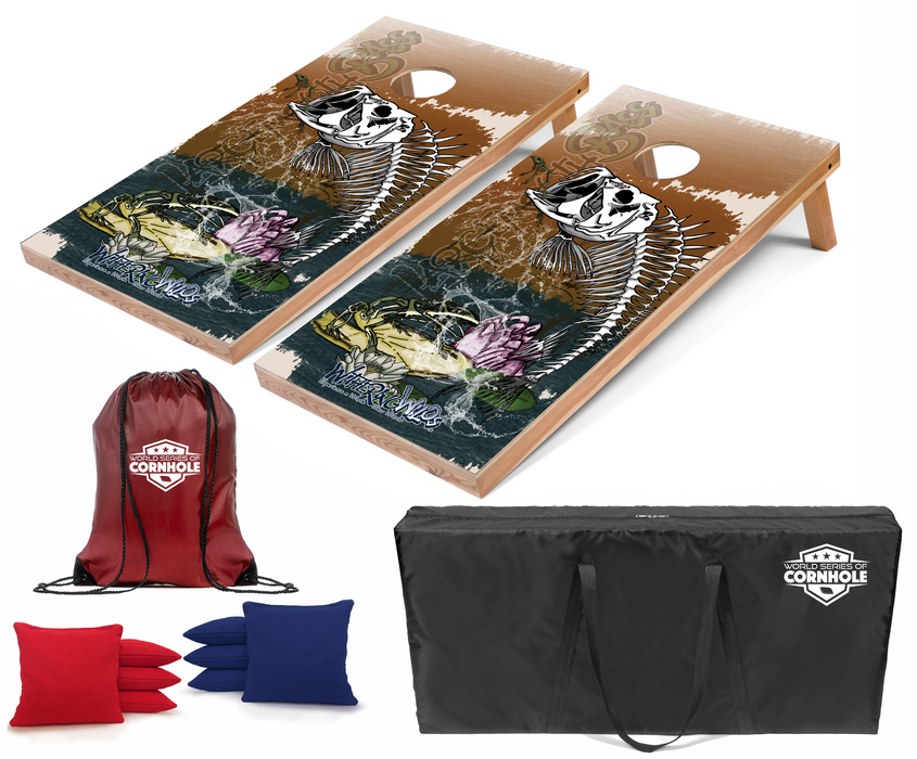 World Series of Cornhole Recreational Cornhole Set - Withering Wilds Largemouth Bass Boards with Red and Royal Blue Bags