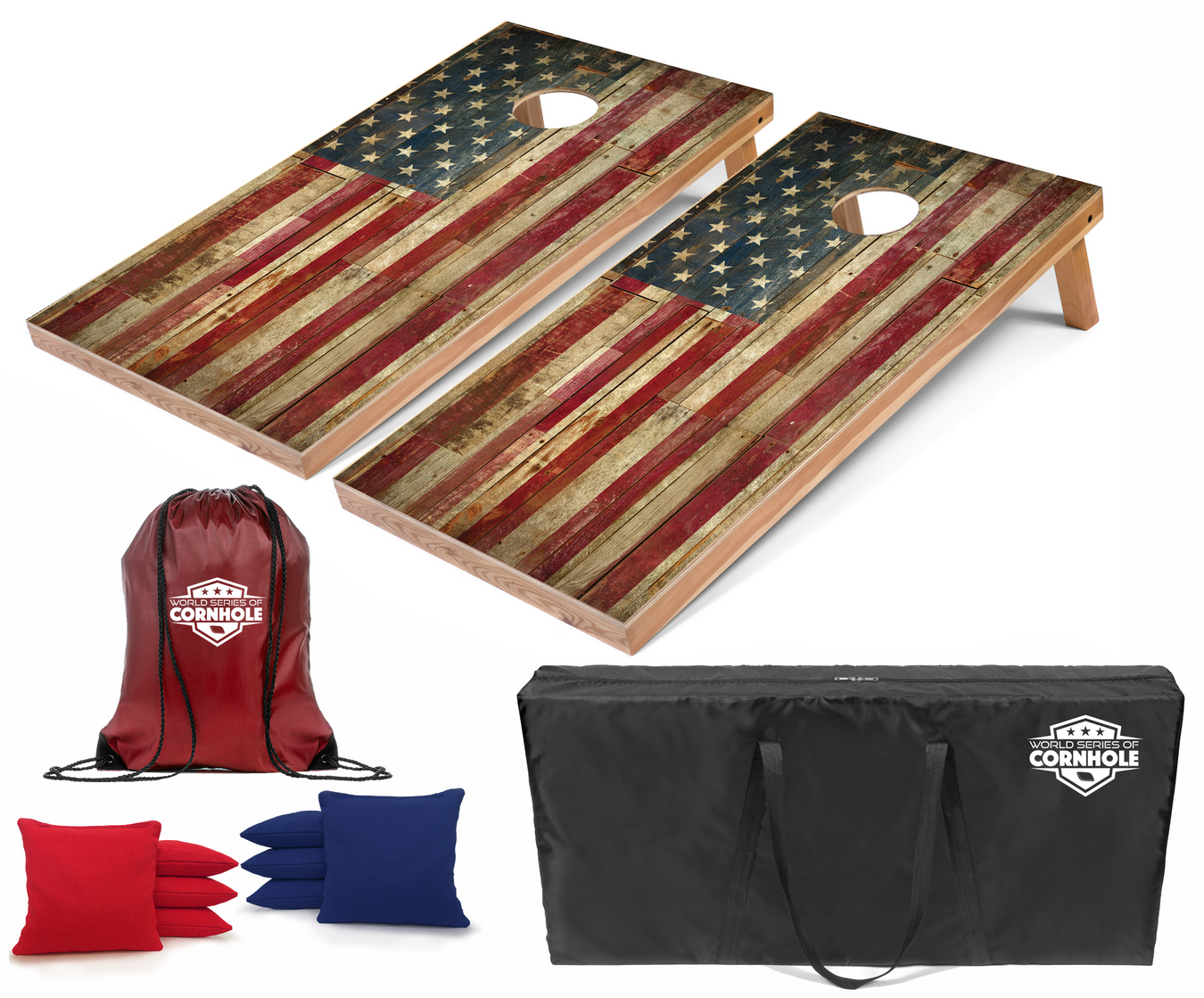 Rustic American flag design printed directly on a full-size cornhole board
