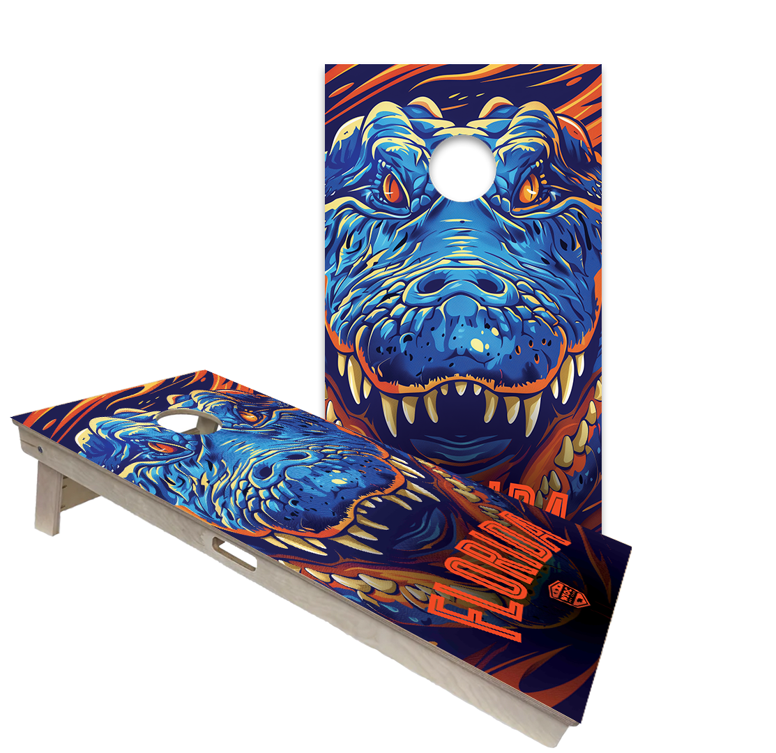 Pro football and college team-inspired professional cornhole boards at a game-day tailgate

