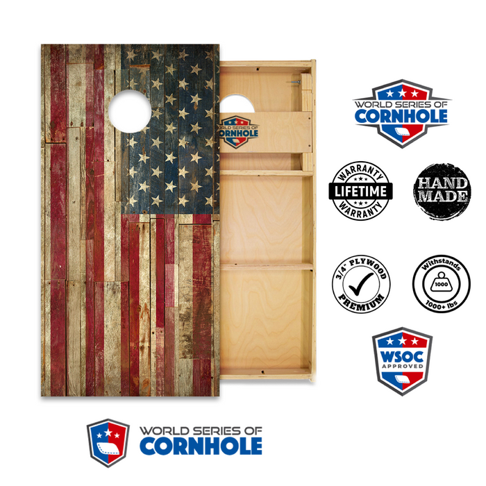 Pro Boards, 8 Pro Bags, & Carrying Case - Cornhole Set - Rustic American Flag Boards with Patriotic Bags