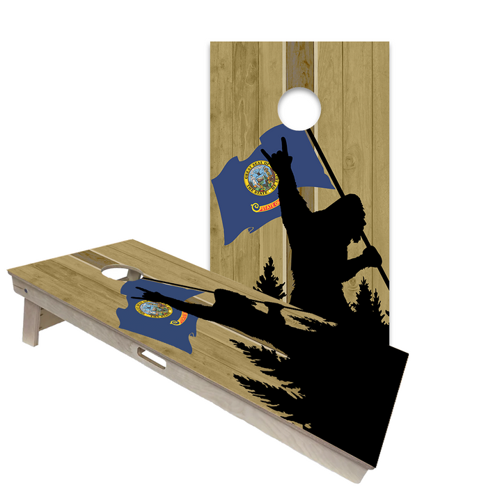 World Series of Cornhole Official 2' x 4' Professional Cornhole Board Runway 2402P - Sasquatch Holding an Idaho Flag