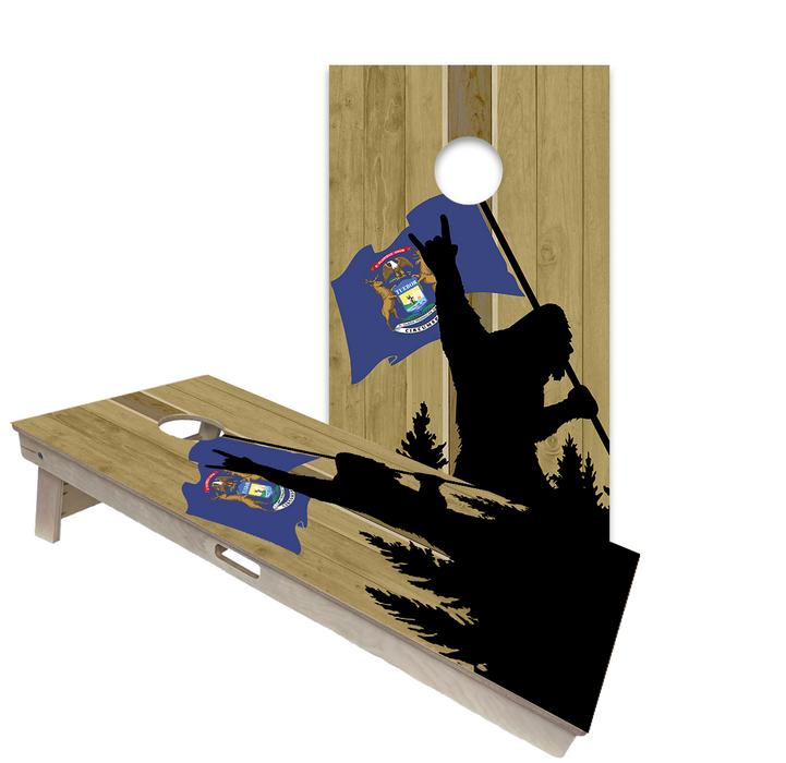 World Series of Cornhole Official 2' x 4' Professional Cornhole Board Runway 2402P - Sasquatch Holding a Michigan Flag