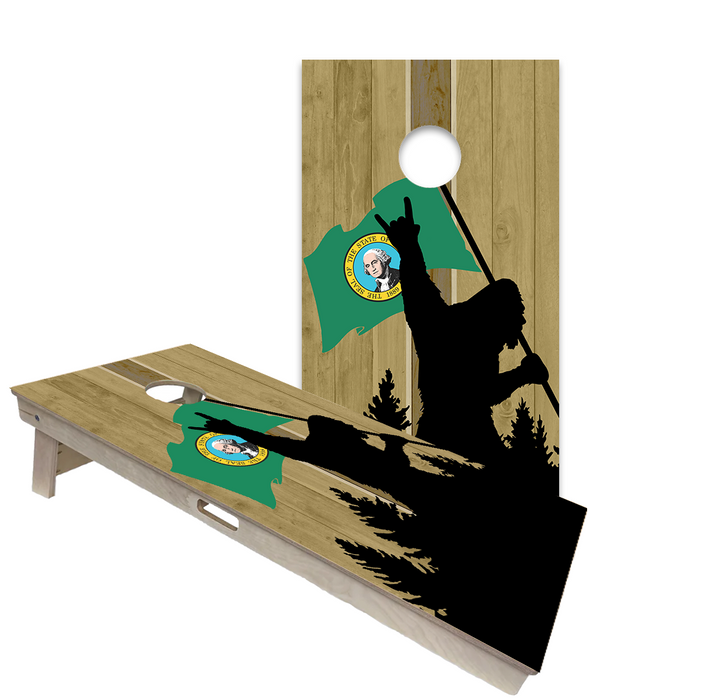 World Series of Cornhole Official 2' x 4' Professional Cornhole Board Runway 2402P - Sasquatch Holding a Washington Flag